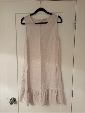 Lightweight White Linen Eyelet Hem Sleeveless Dress